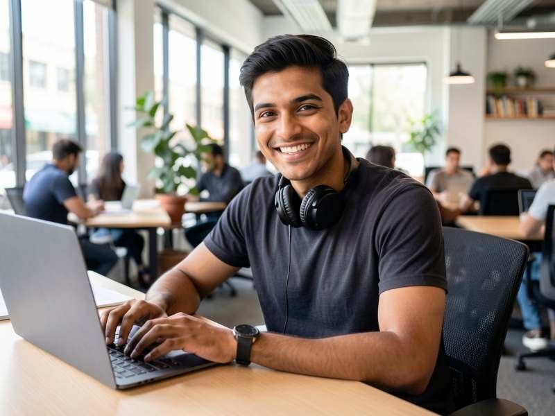 A software engineer smiling at a coworking desk