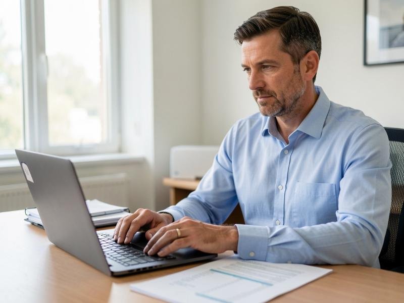 A manager reviewing payroll figures on a laptop