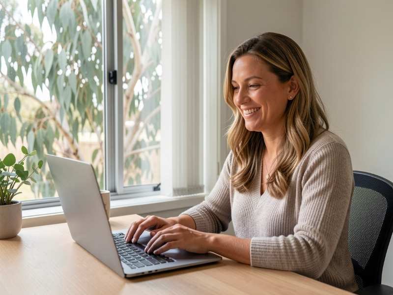 A woman working from a home office on a video call