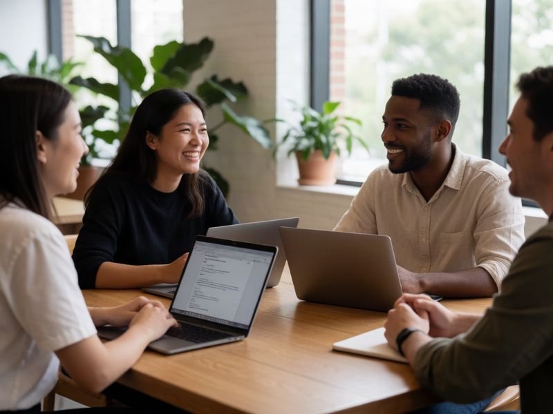 A small team of colleagues talking around a table in a bright office